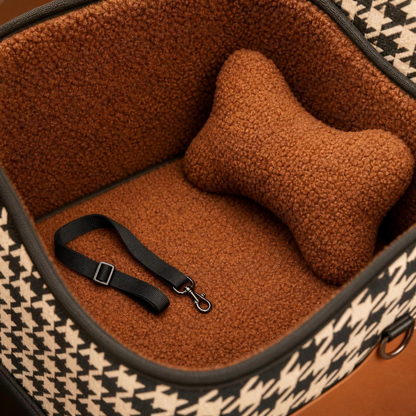 Luxury Pet Car Seat & Travel Carrier — Houndstooth Console Booster for Small Dogs & Cats