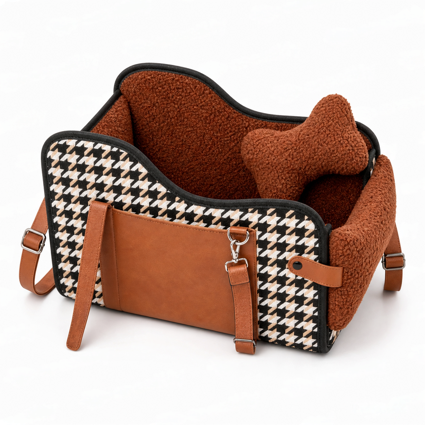 Luxury Pet Car Seat & Travel Carrier — Houndstooth Console Booster for Small Dogs & Cats
