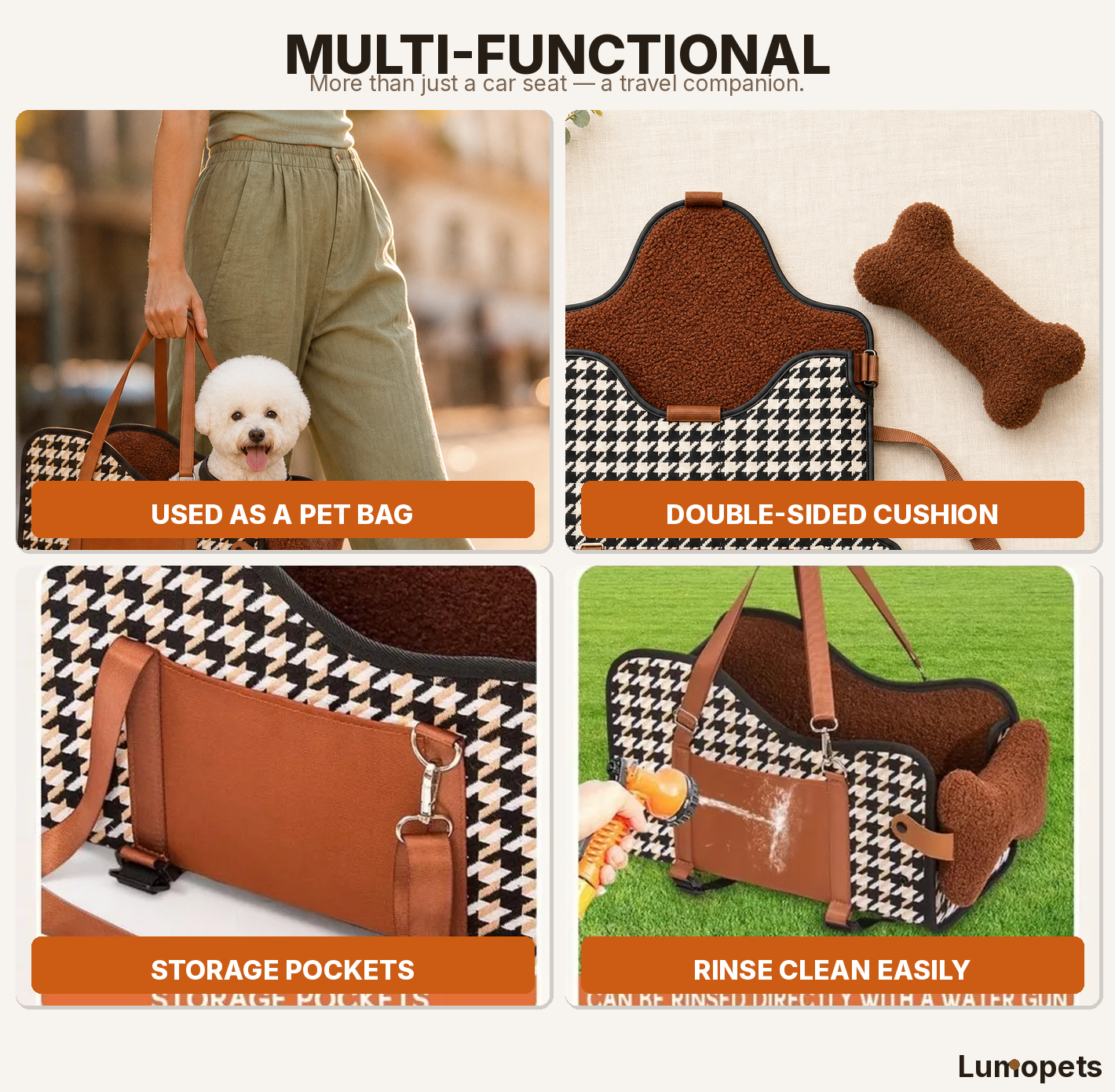 Luxury Pet Car Seat & Travel Carrier — Houndstooth Console Booster for Small Dogs & Cats