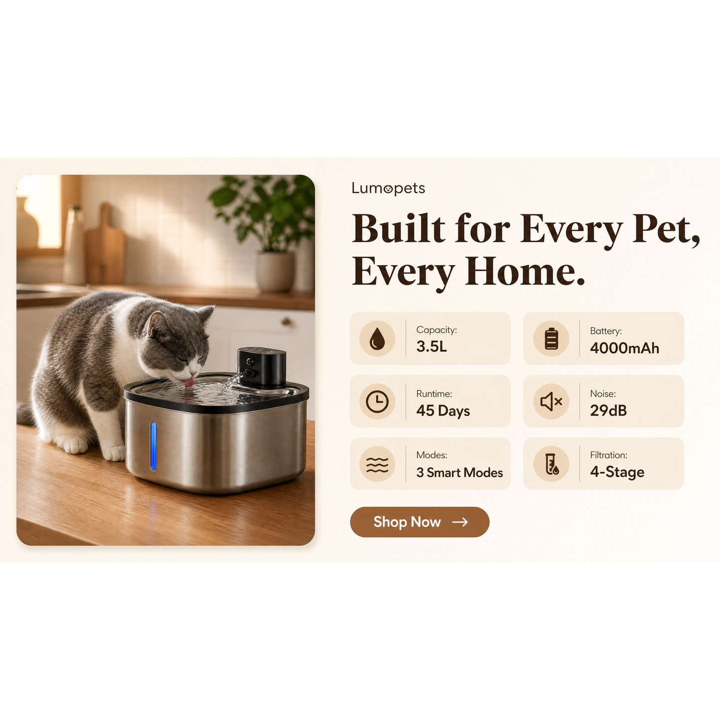 Wireless Smart Pet Water Fountain — 3.5L Stainless Steel with IR Sensor